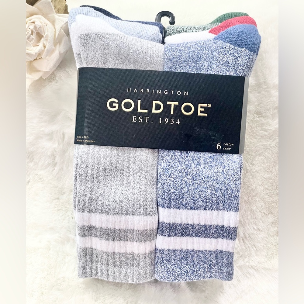 New with tag GOLDTOE  6PK MENS COTTON CREW MULTICOLORED SOCKS w/cushioned bottom